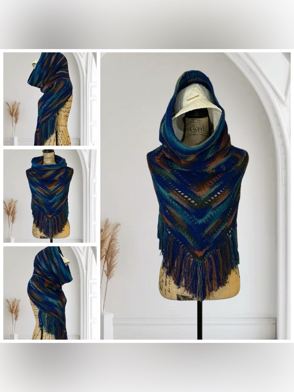 Hand Crafted Crochet Hooded Cowl Scarf With Fringe One Size Adult